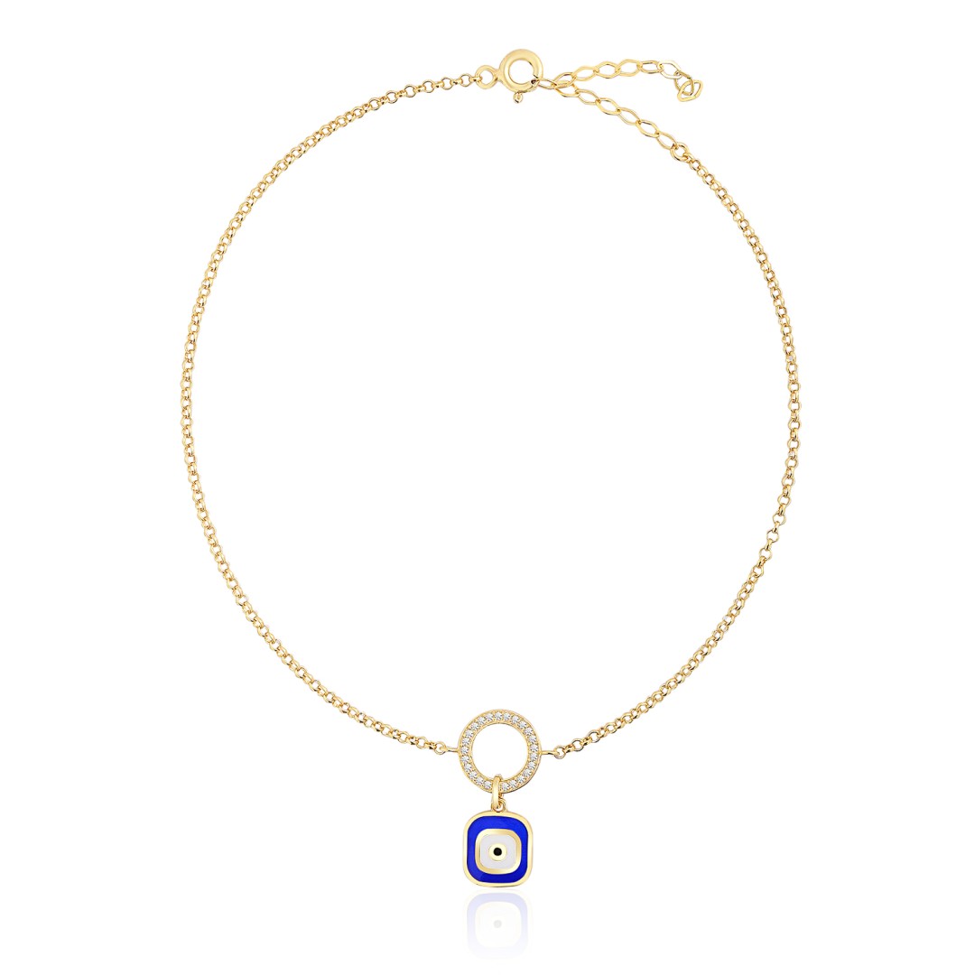 14 Ayar Sarı Altın Nazar Boncuklu Mavi Mineli Taşlı Halhal Bileklik