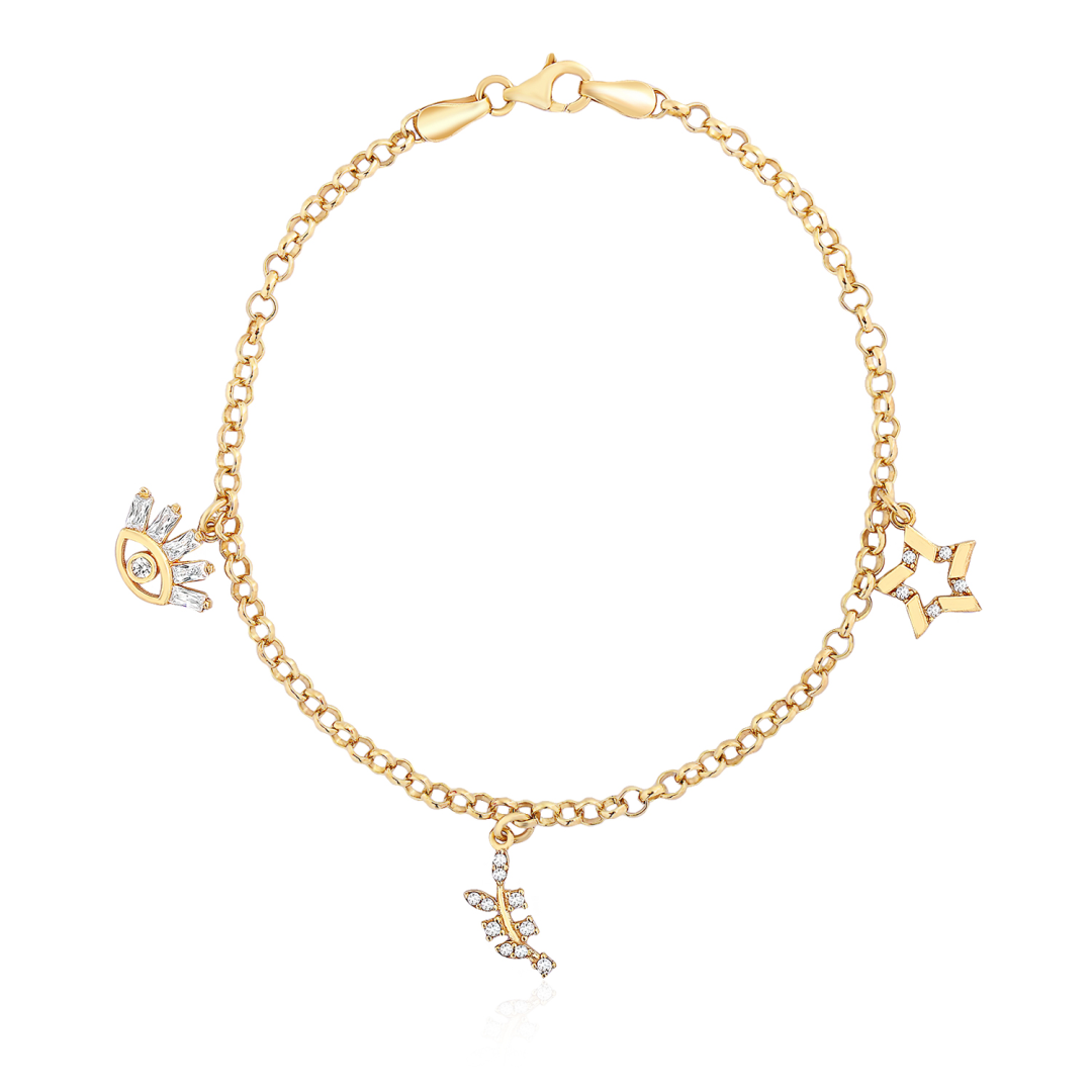 14 Ayar Sarı Altın Göz Yıldız Figürlü Taşlı Sallantılı Bileklik