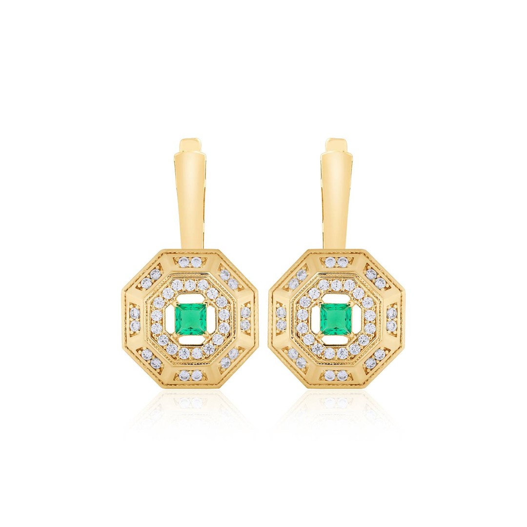 14 Ayar Sarı Altın Baget Kesim Yeşil Taşlı Küpe